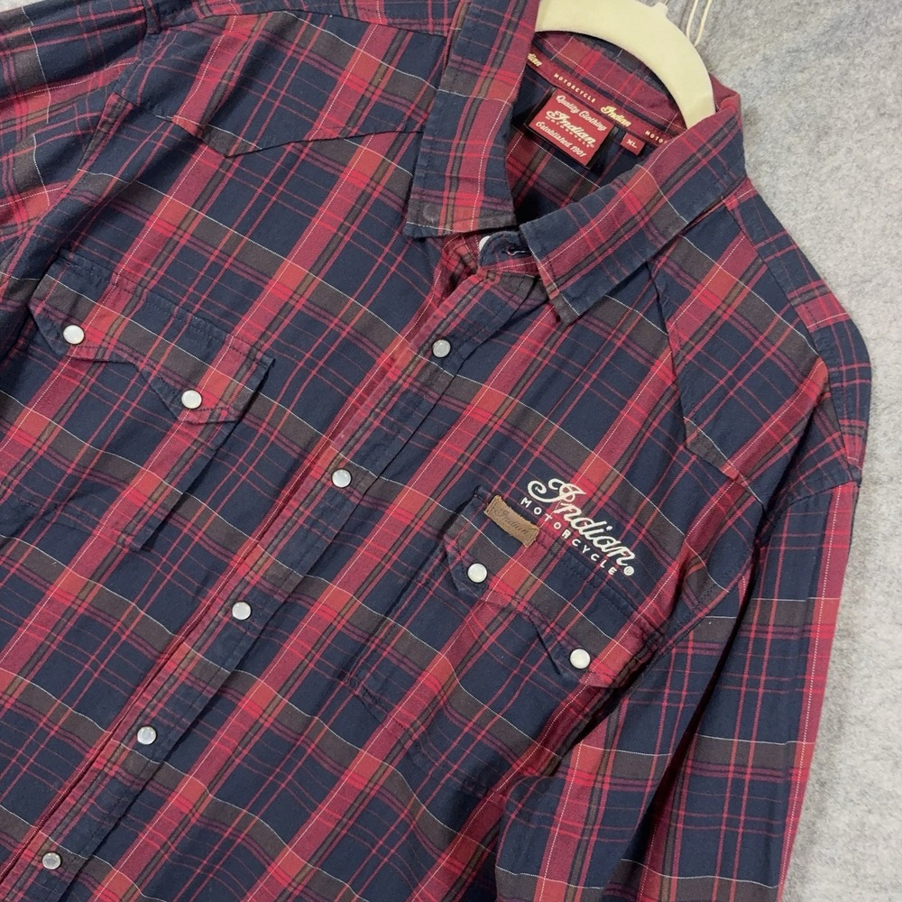 Indian Motorcycle Flannel Shirt Mens XL Red Blue Plaid Pearl Snap Logo